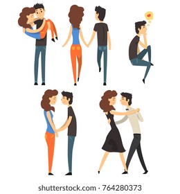 Romantic dinner dating couples set. Lovers walking, dancing, holding hands, guy carrying the girl in his arms, man thinking of love. Flat vector.