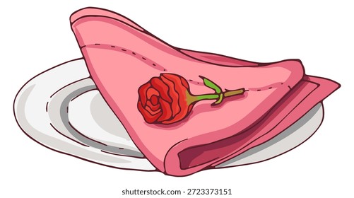 Cena romántica doodle. Placa con rosa roja sobre servilleta rosa