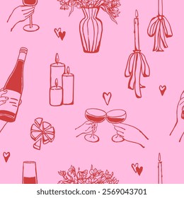 Romantic dinner with drinks, candles and flowers seamless pattern. Valentines Day design in traditional colors for card, poster, social media, wrapping paper, gift paper