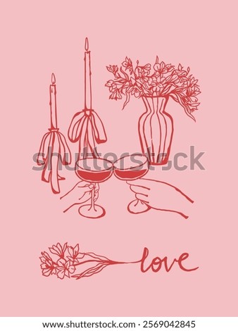 Romantic dinner with drinks, candles and flowers. Valentines Day design for card, poster, social media