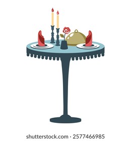 Romantic dinner. Festive table setting. Restaurant reservation. Table for two with cutlery, rose, candles in candlestick. Vector cartoon illustration