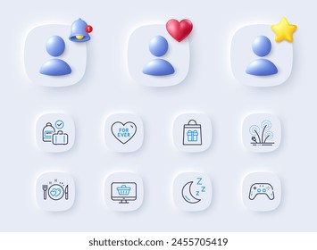 Romantic dinner, Gamepad and Web shop line icons. Placeholder with 3d bell, star, heart. Pack of Fireworks, Moon, For ever icon. Holidays shopping, Carry-on baggage pictogram. Vector