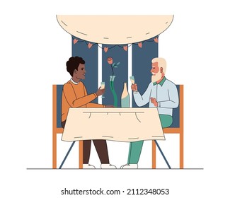 Romantic dinner of gay couple in restaurant. Men of different age and race celebrate anniversary, birthday, have first date. Flat vector illustartion isolated on white background