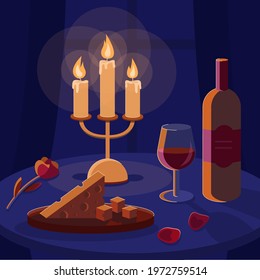 Romantic dinner with glasses of red wine and candles on date. Lovely atmosphere in a dark interior with a window. Vector flat illustration. 