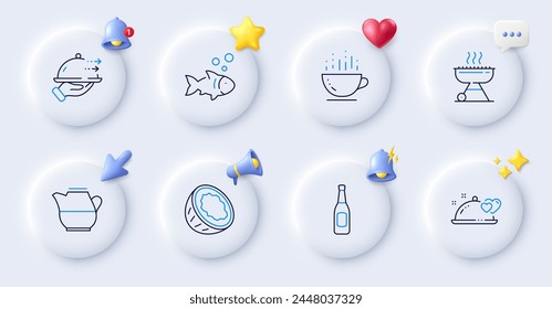 Romantic dinner, Grill and Milk jug line icons. Buttons with 3d bell, chat speech, cursor. Pack of Coffee cup, Coconut, Beer icon. Fish, Food delivery pictogram. For web app, printing. Vector