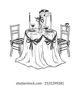 Romantic dinner hand drawn illustration, vector served table doodle, Valentine day celebration date. Elegant tableware, restaurant furniture, wine glass, candles, flowers. Wedding cafe romantic dinner