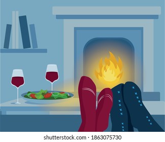 Romantic dinner at home, drinks and warm light of fireplace. Stay home concept. Happy couple. Dating time. Vector illustration. 