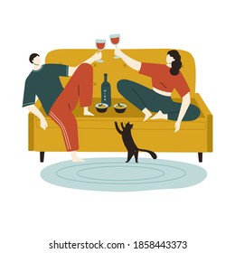 Romantic Dinner At Home. Happy Couple Drinking Wine And Eating Pasta With Black Cat. Vector Flat Cartoon Illustration Isolated On White Background 