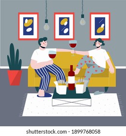 Romantic dinner at home. Happy couple drinking wine and eating Chinese noodles. Flat vector illustration.