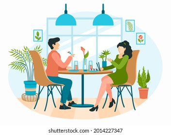 Romantic Dinner In Home Scandinavian Setting. Woman And Man Eating Sushi At Table In Room. Houseplants And Paintings On Wall In Boho Style. Creative Apartment Design. Vector Flat Illustration