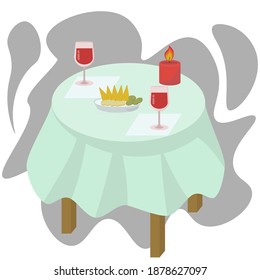 Romantic dinner at home, two glasses with red drink on the table, burning candle and cheese platter, cozy atmosphere in flat style vector illustration