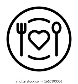 Romantic dinner icon. Heart placed on the middle of dish with fork and spoon. Simple design. Line vector. Isolate on white background.