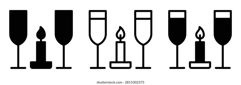 Romantic dinner icon set. Champagne glasses with burning candle symbol for romantic date anniversary celebration, lovers party event menu, black and white vector outline glyph illustration