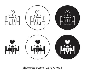 Romantic dinner icon set. restaurant date dinner table vector symbol in black filled and outlined style.