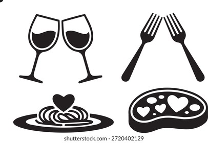 Conjunto de iconos de cena romántica con copas de vino, tenedores y comida en forma de corazón, noche de cita y símbolo de restaurante para el día de San Valentín, silueta de Vector aislada