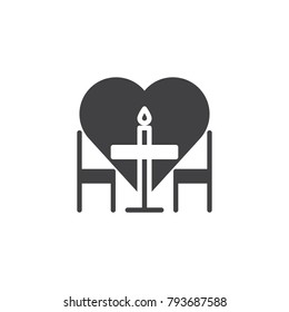 Romantic dinner icon vector, filled flat sign, solid pictogram isolated on white. Cafe table and heart symbol, logo illustration.