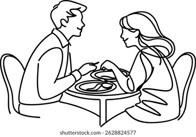 A romantic dinner illustration depicting a couple enjoying food and conversation at a restaurant or cafe setting