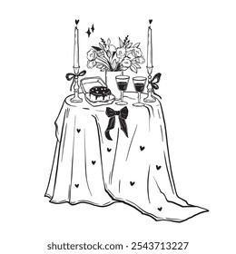 Romantic dinner illustration, hand drawn vector served table doodle, Valentine day celebration date. Elegant tableware, restaurant furniture, wine glass, candles, flowers. Wedding cafe romantic dinner