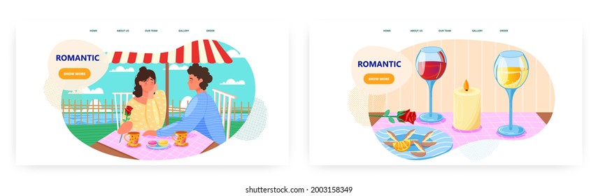 Romantic dinner landing page design, website banner vector template set. Happy couple having date in restaurant, cafe.