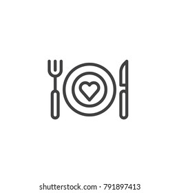 Romantic dinner line icon, outline vector sign, linear style pictogram isolated on white. Plate with fork knife and heart symbol, logo illustration. Editable stroke