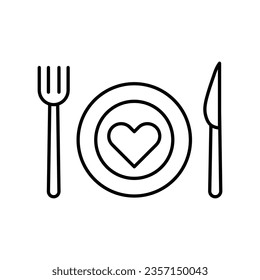 Romantic dinner line icon, Plate with fork knife and heart Romantic icon flat illustration..eps