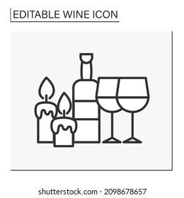  Romantic dinner line icon. Sweet wine bottle with two glasses and candles. Wine concept. Isolated vector illustration. Editable stroke