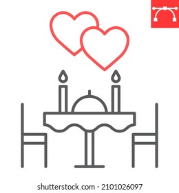 Icono romántico de la línea de cena, valentinas día y corazón, icono del vector de cena romántico, gráficos vectoriales, símbolo de contorno de trazo editable, eps 10.