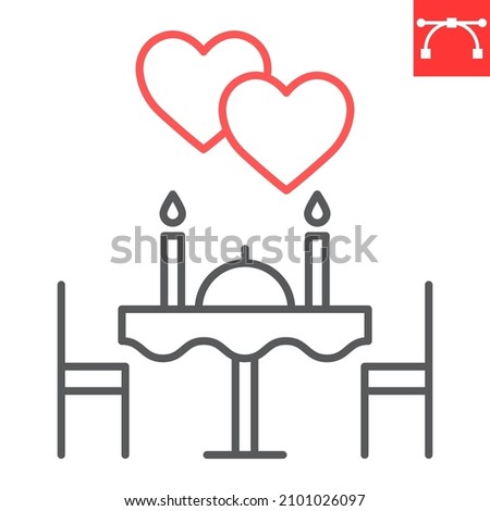 Romantic dinner line icon, valentines day and heart, romantic dinner vector icon, vector graphics, editable stroke outline sign, eps 10.