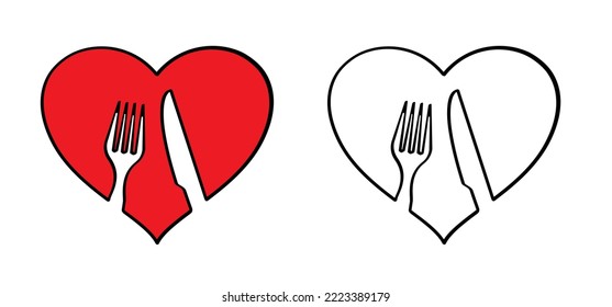 Romantic dinner with love redheart icon or symbol. For valentine, valentines day or world food day. Blind date appointment in to a restaurant. Line pattern. Always and forever together.