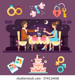 Romantic dinner of  lovely couple. Be in relationship is awesome!  Romantic stuff: wedding rings, wedding pigeons, key from heart, cute pictures, male and female signs. Flat vector illustration set.