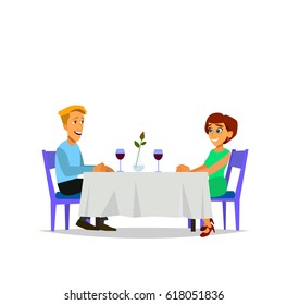 Romantic dinner. Man and woman sitting at the table. Vector illustration in flat style.