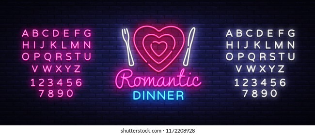 Romantic Dinner Neon Logo Vector. Romantic Dinner neon sign, design template, modern trend design, night neon signboard, night light advertising, light banner. Vector. Editing text neon sign