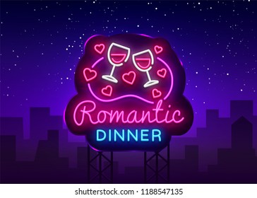 Romantic Dinner Neon Logo Vector. Wine neon sign, design template, modern trend design, night neon signboard, night light advertising, light banner, light art. Vector illustration. Billboard