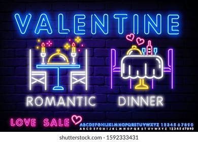 Romantic Dinner Neon Logo Vector. Romantic Dinner neon sign, design template, modern trend design, night neon signboard, night light advertising, light banner. Vector. Editing text neon sign