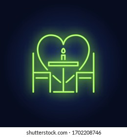 Romantic dinner neon sign. Glowing neon table, chairs and candle on brick wall background with red heart. Vector illustration can be used for romantic, love, dinner, dating