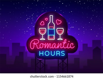 Romantic Dinner neon sign vector. Romantic Hour Logotype, Emblem in Modern Trend Design, Vector Template, Light Banner, Night Romantics, Design Element. Vector Billboards