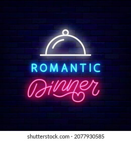 Romantic dinner neon signboard for cafe, restaurant. Couple date. Happy Valentines Day. Outer glowing effect banner on brick wall. Luminous label. Editable stroke. Isolated vector stock illustration