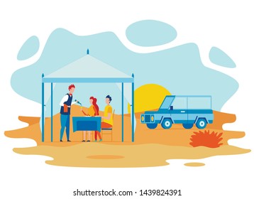 Romantic Dinner on Nature Flat Vector Illustration. Boyfriend and Girlfriend Sitting in Gazebo, Drinking Wine. Cartoon Waiter and Customers Characters. Unusual Date in Wild Desert Idea