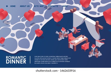 Romantic dinner on the sea shore with arch, candle lights and dinner table setting. Fairy lights in the air. Isometric concept illustration