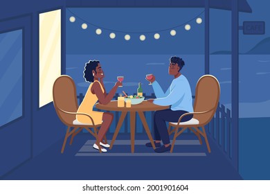 Romantic dinner outdoors flat color vector illustration. Partners spending time together drinking wine in backyard. Boyfriend and girlfriend 2D cartoon characters with seaside landscape on background