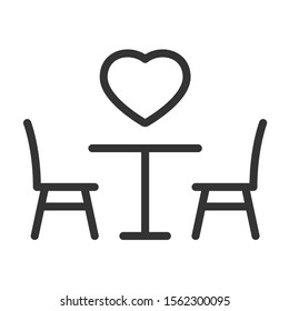 Romantic dinner outline vector icon isolated on white background. Love heart stock vector illustration. Romantic love and valentine day line vector icon for web, mobile apps, ui, printed products