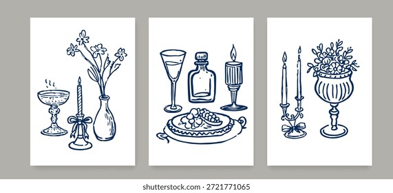 Conjunto de póster de fiesta romántica de cena Dibujado a mano Sketch Doodles Style. Retro Antiguas Dinner Party Diseño de impresión de arte de pared. Botella de vino y copas de vino, platos, flores, Ilustración vectorial