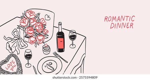 Romantic dinner poster, banner or placard. Wine and flowers bouquet drawing for wedding invitations, cafe menus and parties. Served table for two, couples, lovers in restaurant or home in ink style.