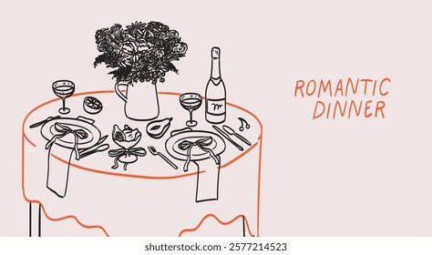 Romantic dinner poster, banner or placard. Wine and flowers bouquet drawing for wedding invitations, cafe menus and parties. Served table for two, couples, lovers in restaurant or home in ink style.