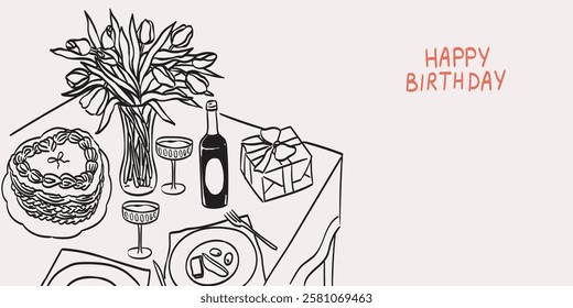 Romantic dinner poster, banner or placard. Wine and tulips bouquet drawing for birthday or wedding party invitations. Served table for two, couples, lovers in restaurant, cafe or home in ink style.