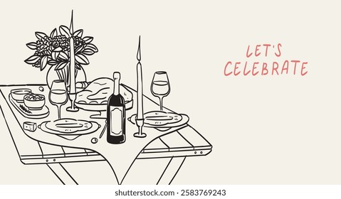 Romantic dinner poster, banner or placard. Wine and flower bouquet drawing for birthday or wedding party invitations. Served table for two, couples, family dinner in restaurant, cafe or home.