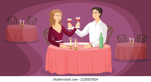Romantic dinner in a restaurant concept illustration. Couple having glasses of wine in a holiday atmosphere sitting by the table, celebrating, candle light, restaurant environment on background.