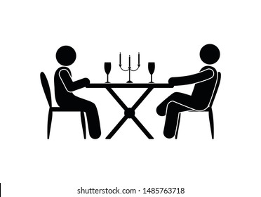 romantic dinner in a restaurant icon, stick pictogram man figure, people are sitting at a table, date illustration