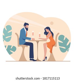 Romantic dinner at restaurant illustration. Happy characters are sitting at restaurant table with glasses of rose wine long awaited date of lovers beautiful flat relationship.