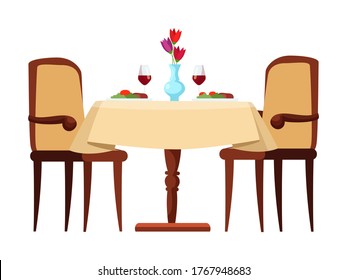 Romantic dinner at restaurant isolated on white background. Table with dishes, wine glasses, flower vase, chairs. Vector flat illustration of cafe reservation, celebration anniversary, interior design